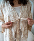 Women summer 3 piece pajama set Beige Top + Bold Floral Outline kimono & Short